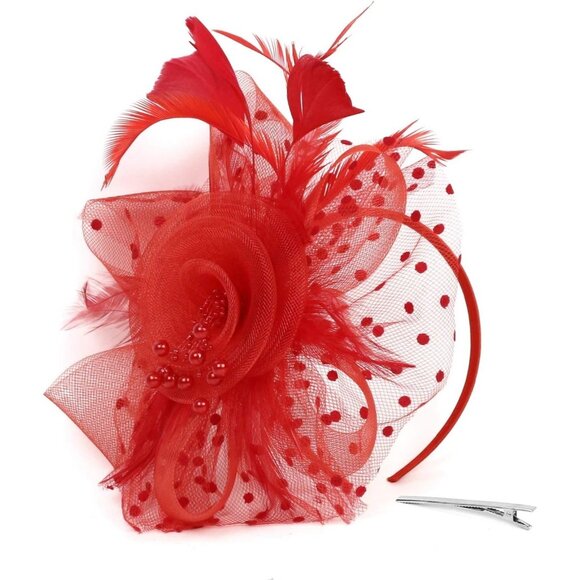 Elegant Red Flower Fascinator Hat – Feather Mesh Tea Party Headpiece for Women & - Picture 1 of 7